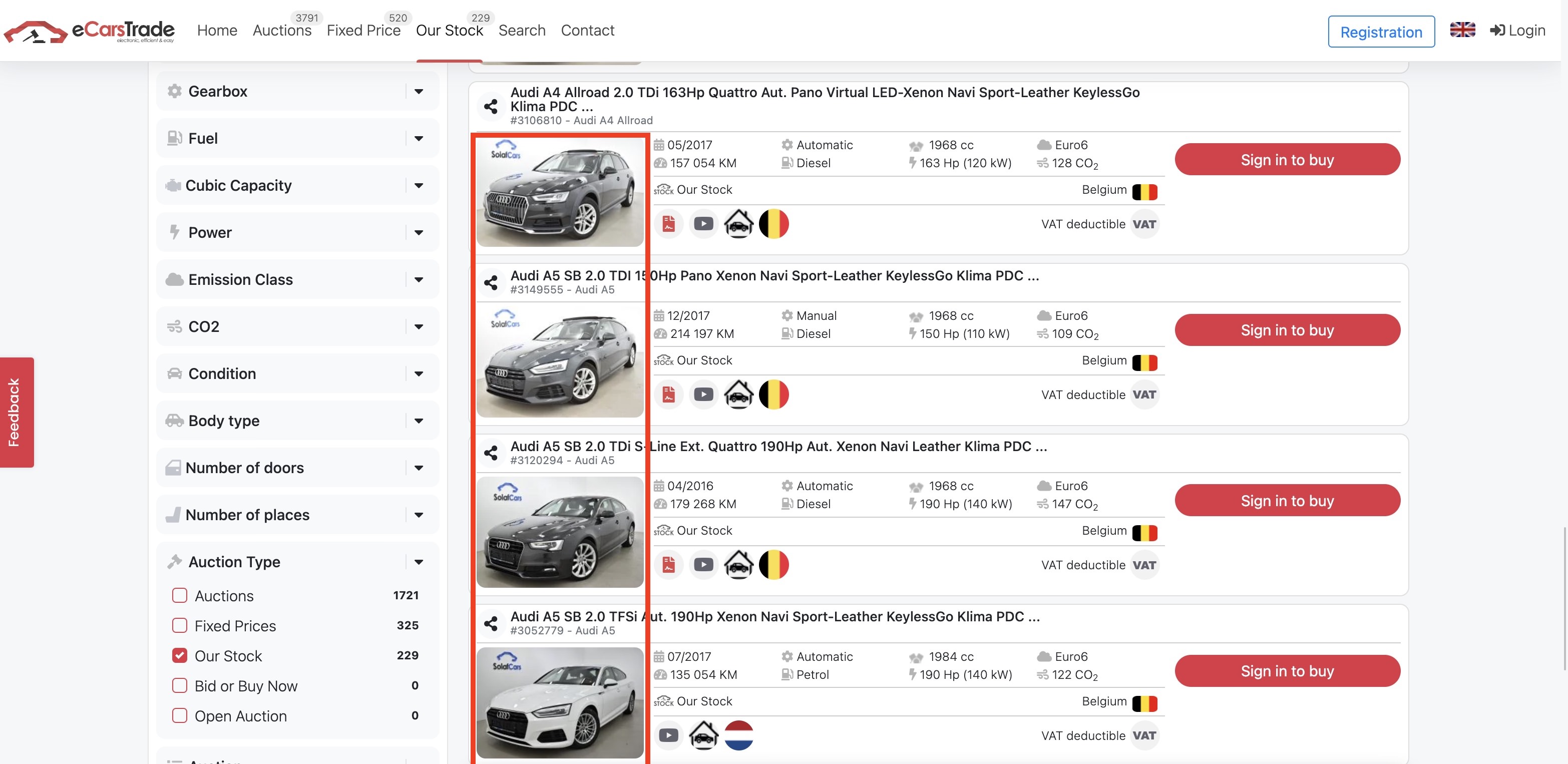 Snímek obrazovky eCarsTrade z webu zobrazující fotografie automobilů