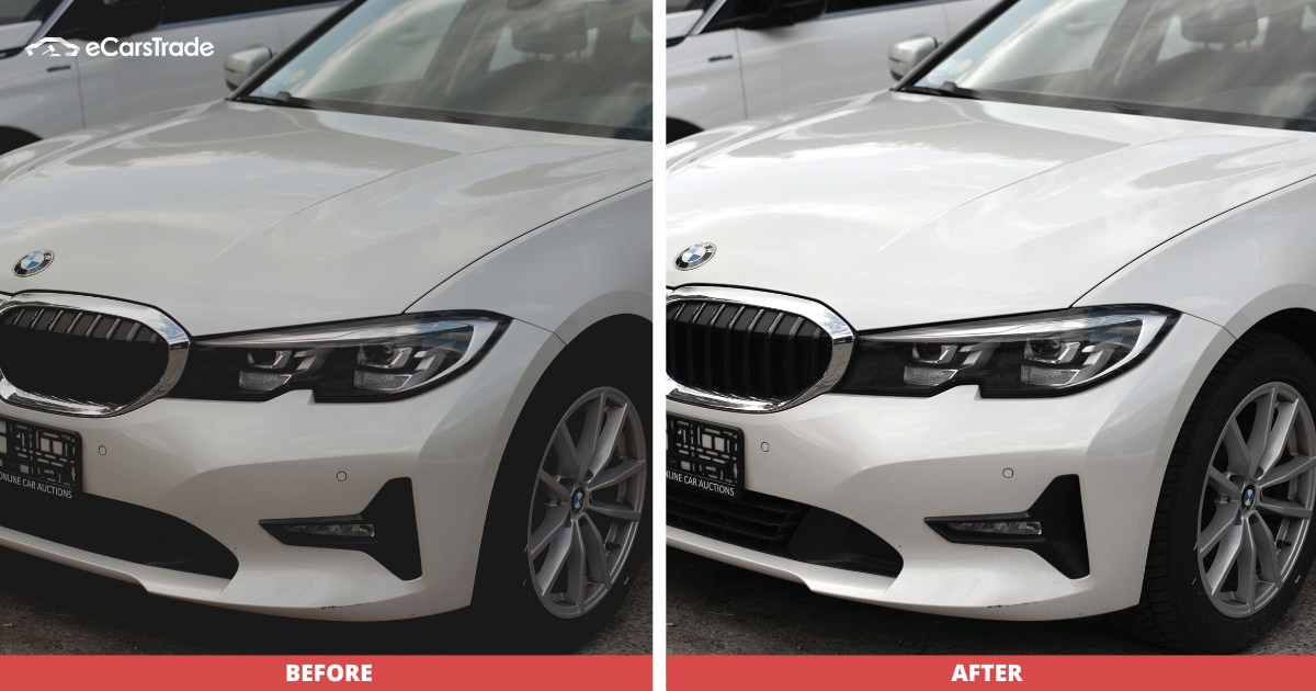 Grafika eCarsTrade zobrazující před a po upravené fotografii auta